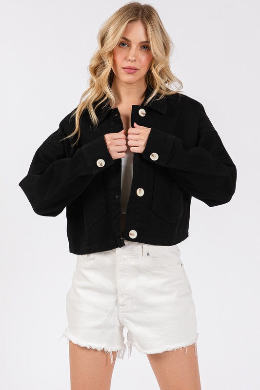 Cropped Denim Black Button Down Jacket with Patch Pockets