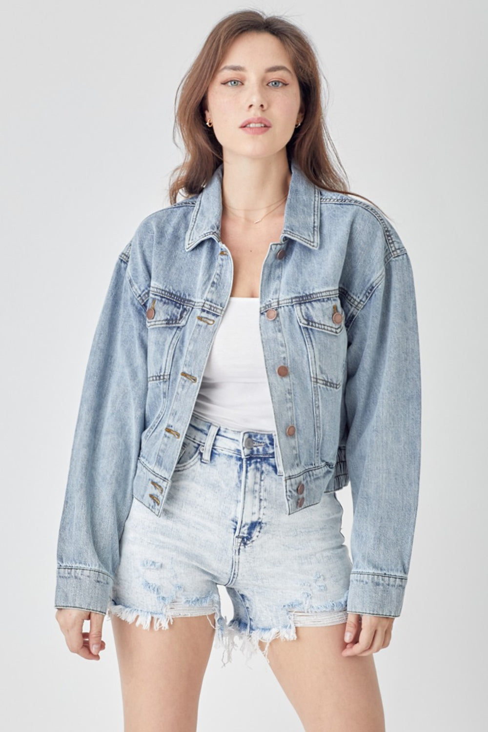 Cropped Denim Light Blue Button Down Jacket