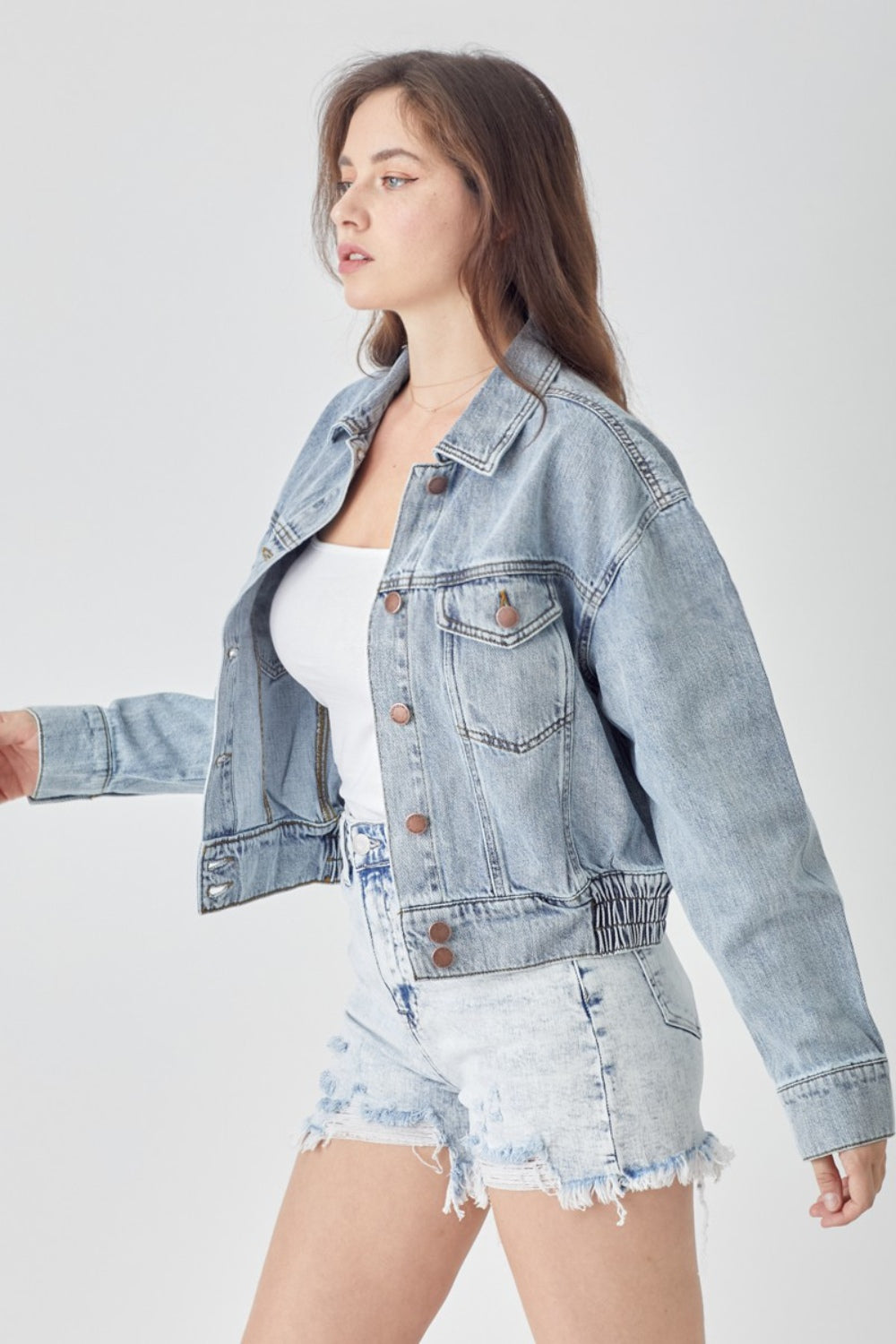 Cropped Denim Light Blue Button Down Jacket