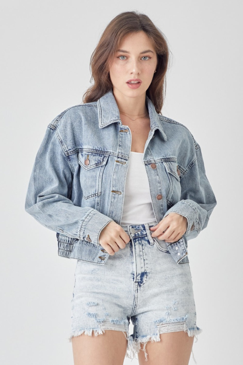 Cropped Denim Light Blue Button Down Jacket