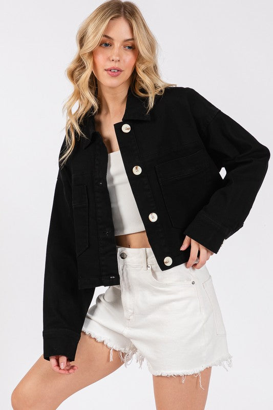 Cropped Denim Black Button Down Jacket with Patch Pockets