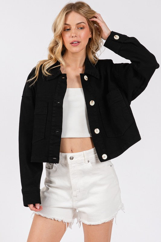 Cropped Denim Black Button Down Jacket with Patch Pockets